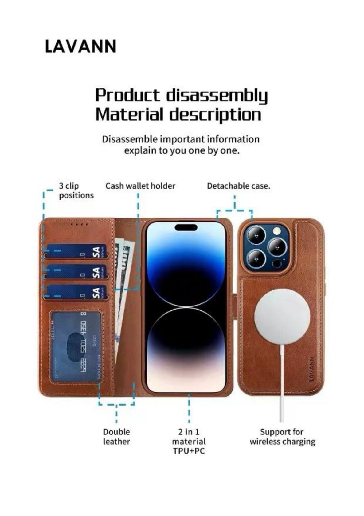 Magnetic leather book shelf for iPhone 15